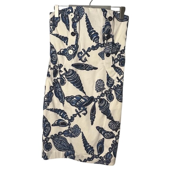 LILLY PULITZER Blue Shell Cotton White and Navy Midi Dress Size 8 - Picture 1 of 16